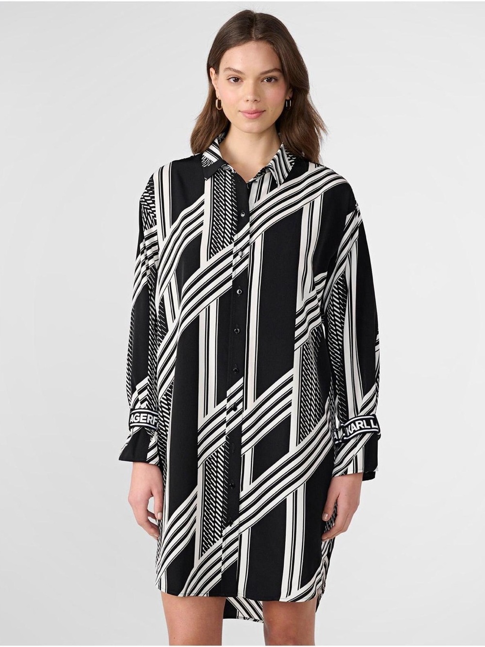 Karl Lagerfeld Black & White Striped Geometric Midi Shirt Dress